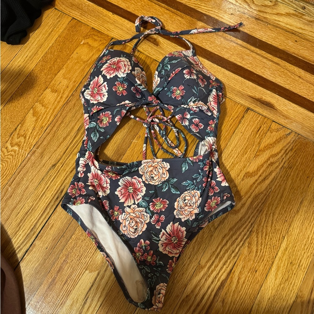 Floral Cutout One-Piece Swimsuit - Navy with Pink & Cream Flowers